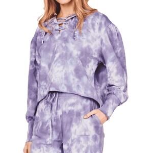 LoveShackFancy Hoodie Womens Large Purple Blue Bevan Tie Dye Lace Up Crop Boho